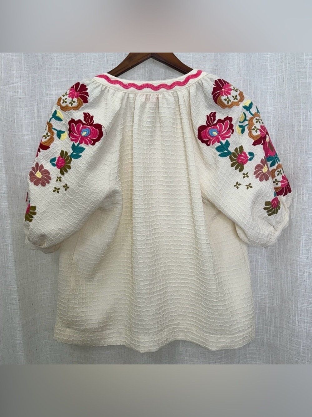THML Cream Peasant Blouse with Pink & Multicolor Floral Embroidery Size Medium - Picture 2 of 8